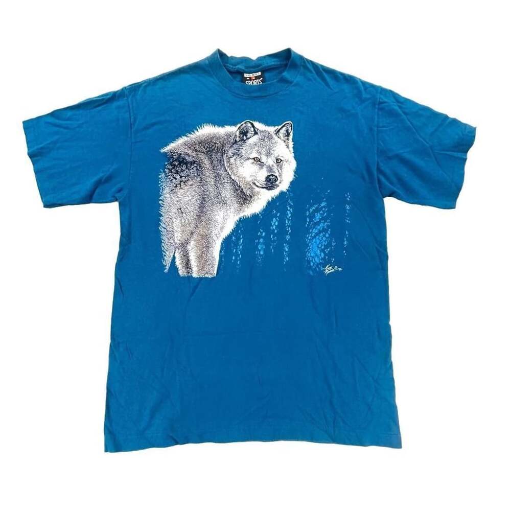 Vintage 1992 Single Stitch Gregg Murray Wolf Graphic T-Shirt Size M Blue